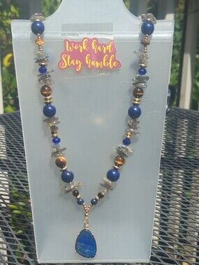 Handmade Lapis Lazuli, Labradorite and Tigers Eye Stone Pendant Necklace -
